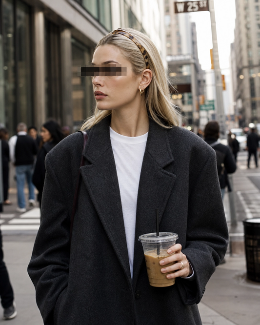 A blonde woman in a charcoal coat walking in NYC, eyes pixelated with a digital bar, representing lost identity in the digital age
